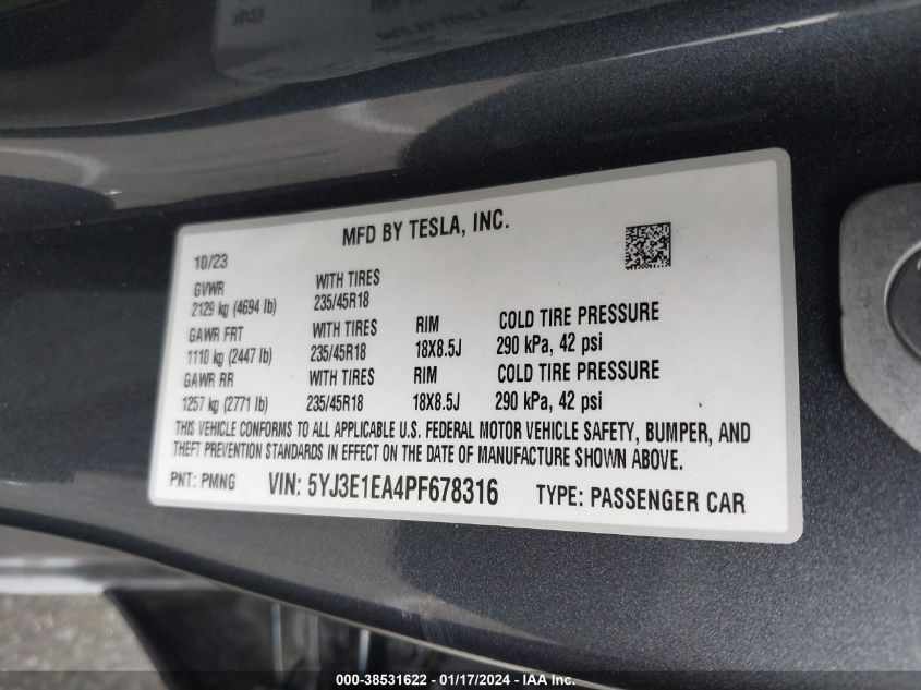 2023 TESLA MODEL 3 - 5YJ3E1EA4PF678316
