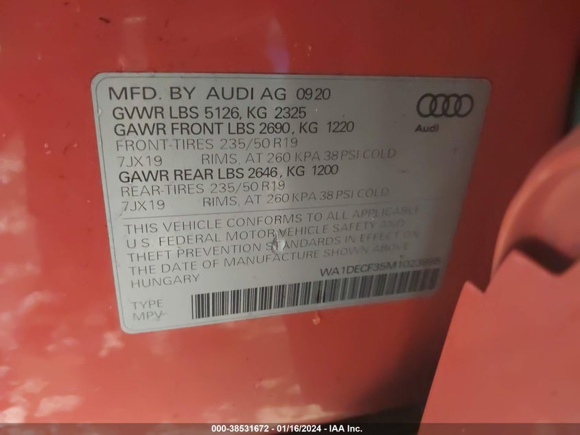 VIN WA1DECF35M1023998 2021 AUDI Q3 PREMIUM 45 TFSI S LINE QUATTRO TIPTRONIC