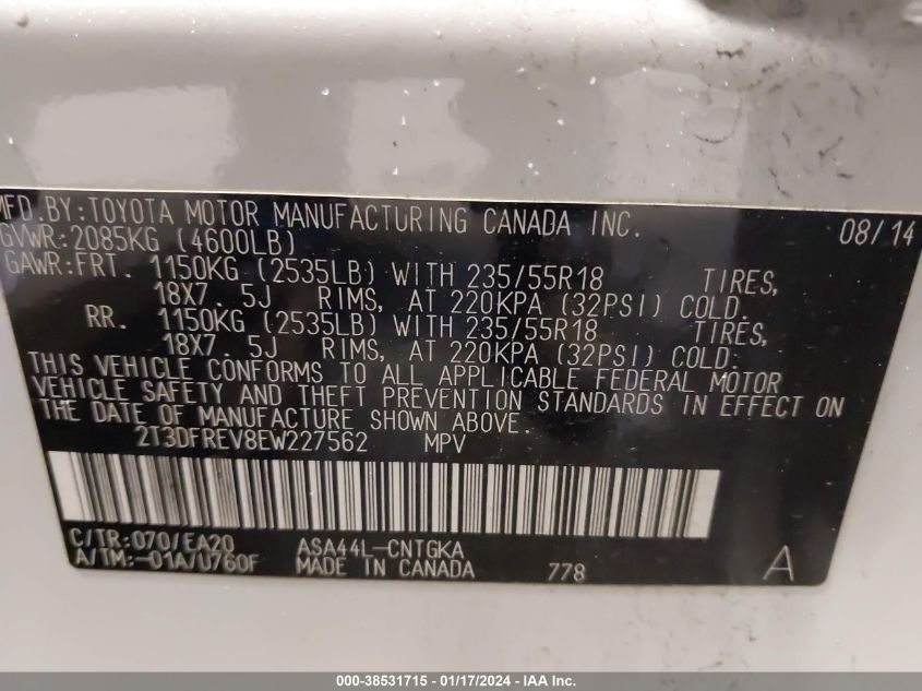 2014 TOYOTA RAV4 LIMITED - 2T3DFREV8EW227562