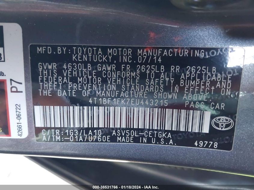 2014 TOYOTA CAMRY XLE - 4T1BF1FK7EU443215