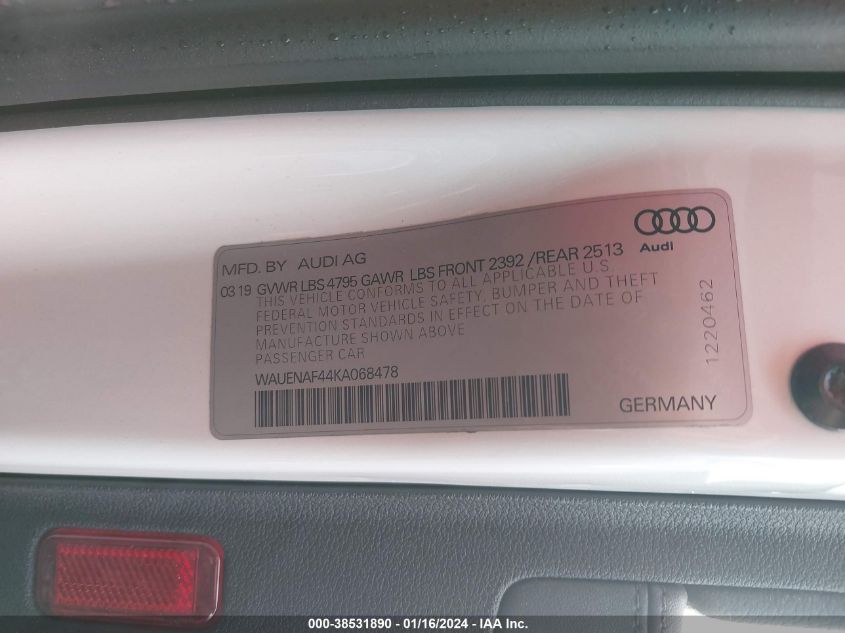 WAUENAF44KA068478 2019 AUDI A4, photo no. 9