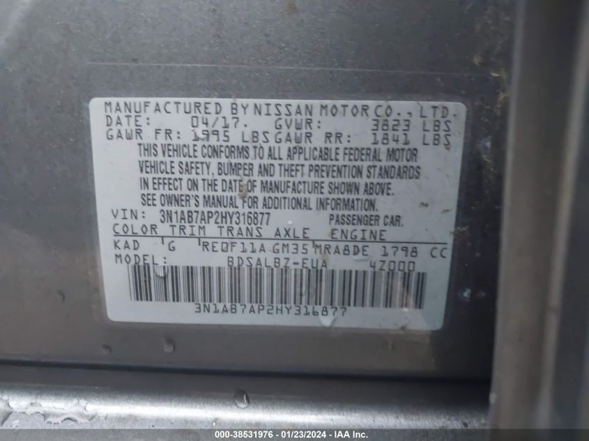 2017 NISSAN SENTRA S/SV/SR/SL - 3N1AB7AP2HY316877