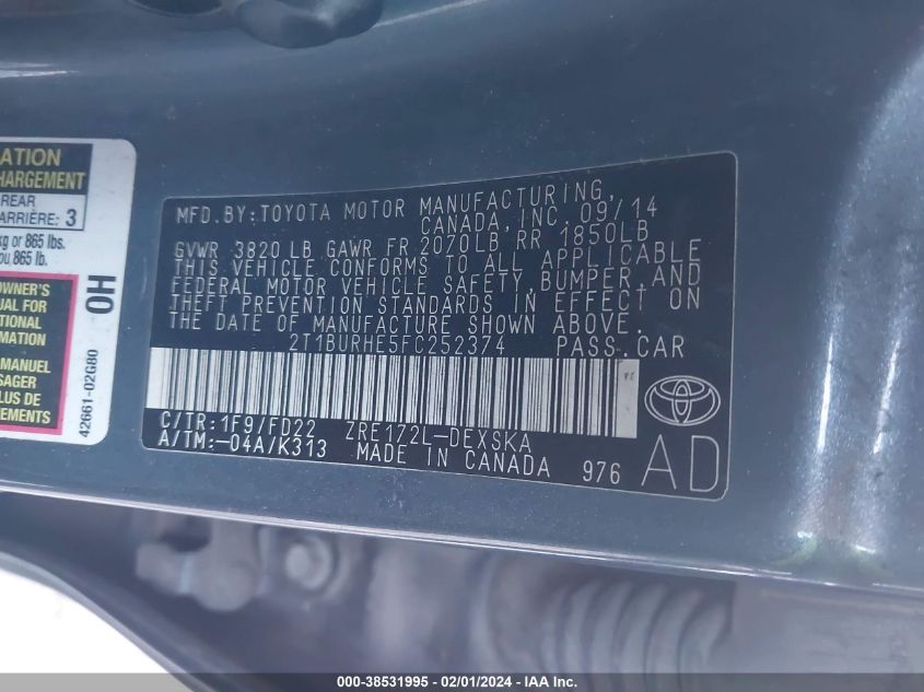 2015 TOYOTA COROLLA L/LE/LE PLS/PRM/S/S PLS - 2T1BURHE5FC252374
