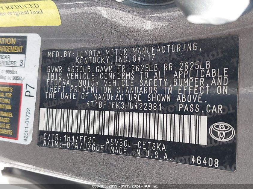 2017 TOYOTA CAMRY LE/XLE/SE/XSE - 4T1BF1FK3HU422981