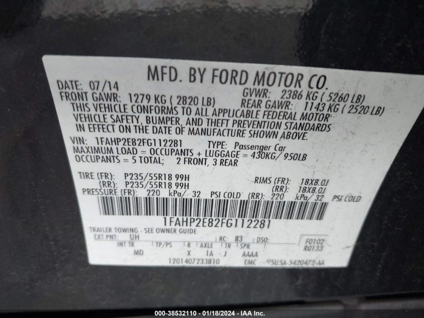 2015 FORD TAURUS SEL - 1FAHP2E82FG112281