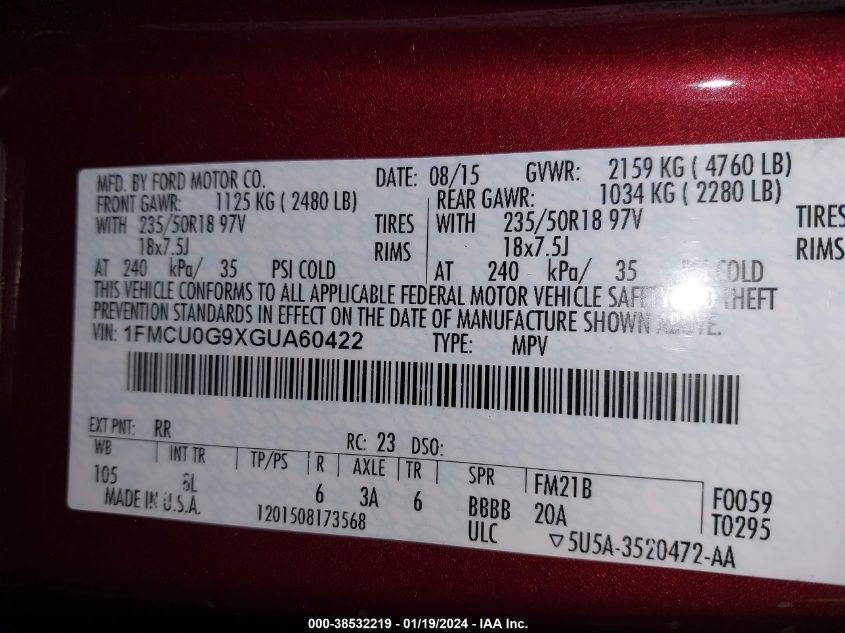 2016 FORD ESCAPE SE - 1FMCU0G9XGUA60422