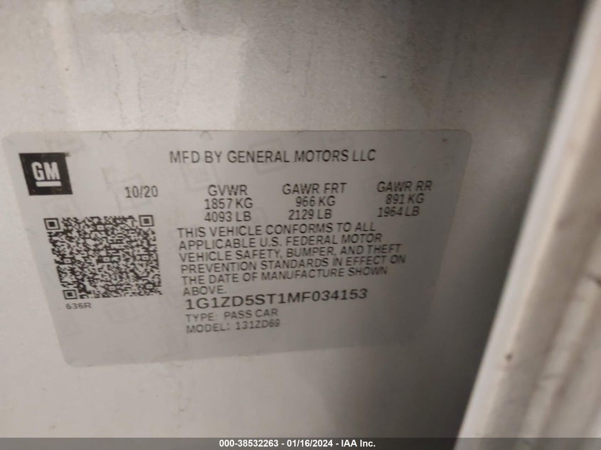 VIN 1G1ZD5ST1MF034153 2021 CHEVROLET MALIBU LT