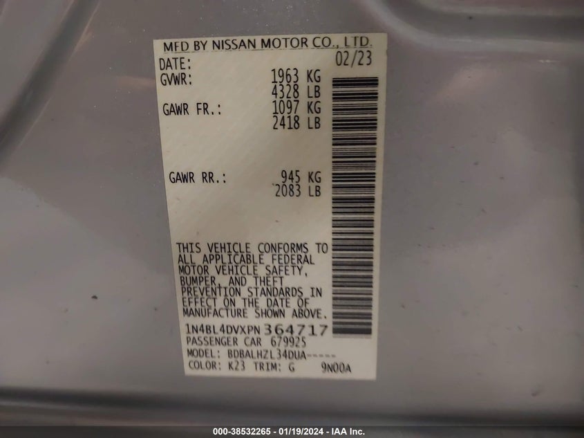 2023 NISSAN ALTIMA 2.5L I4   N(VIN: 1N4BL4DVXPN364717