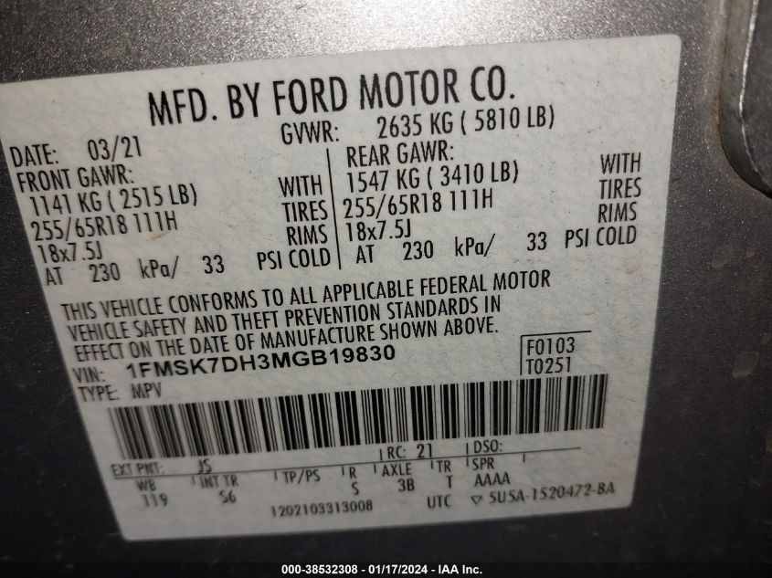 2021 FORD EXPLORER XLT - 1FMSK7DH3MGB19830