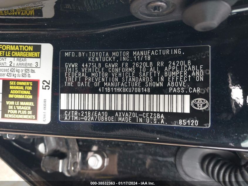 2019 TOYOTA CAMRY SE - 4T1B11HK8KU708148
