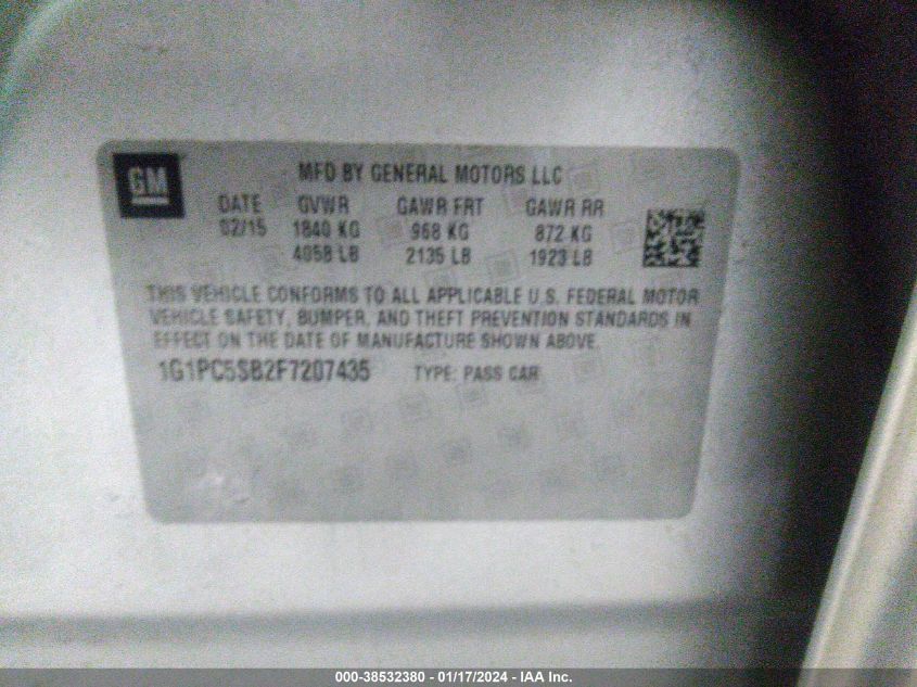 2015 CHEVROLET CRUZE LT - 1G1PC5SB2F7207435