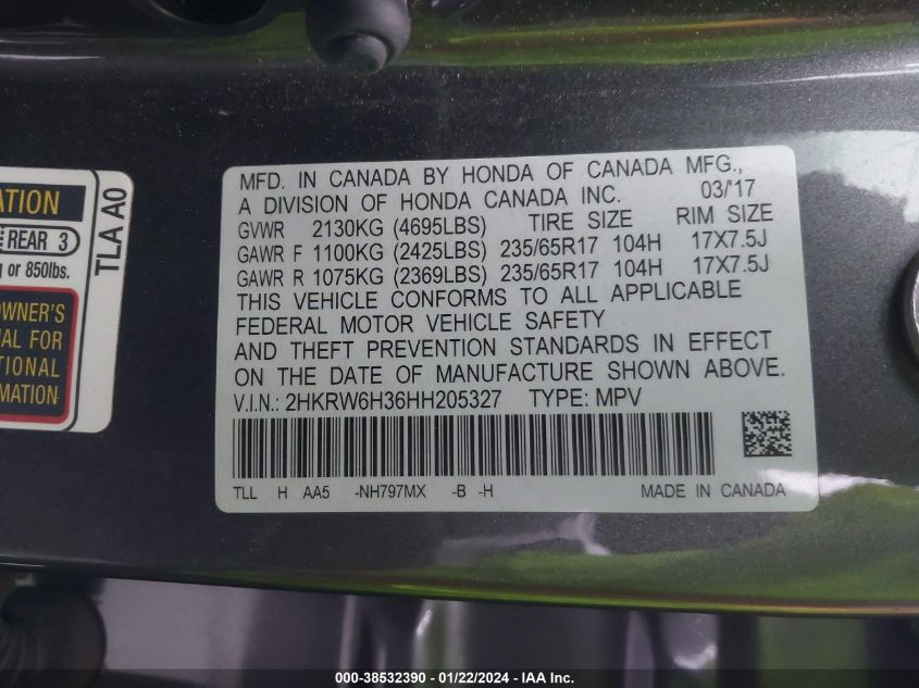 2017 HONDA CR-V LX - 2HKRW6H36HH205327