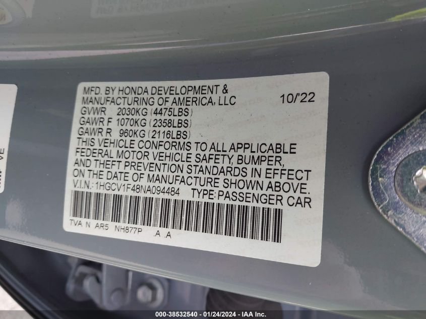 2022 HONDA ACCORD SPORT SPECIAL EDITION - 1HGCV1F48NA094484