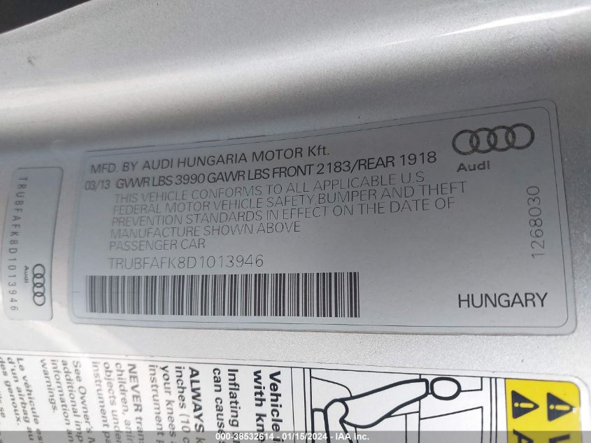 2013 AUDI TT 2.0T PREMIUM PLUS TRUBFAFK8D1013946