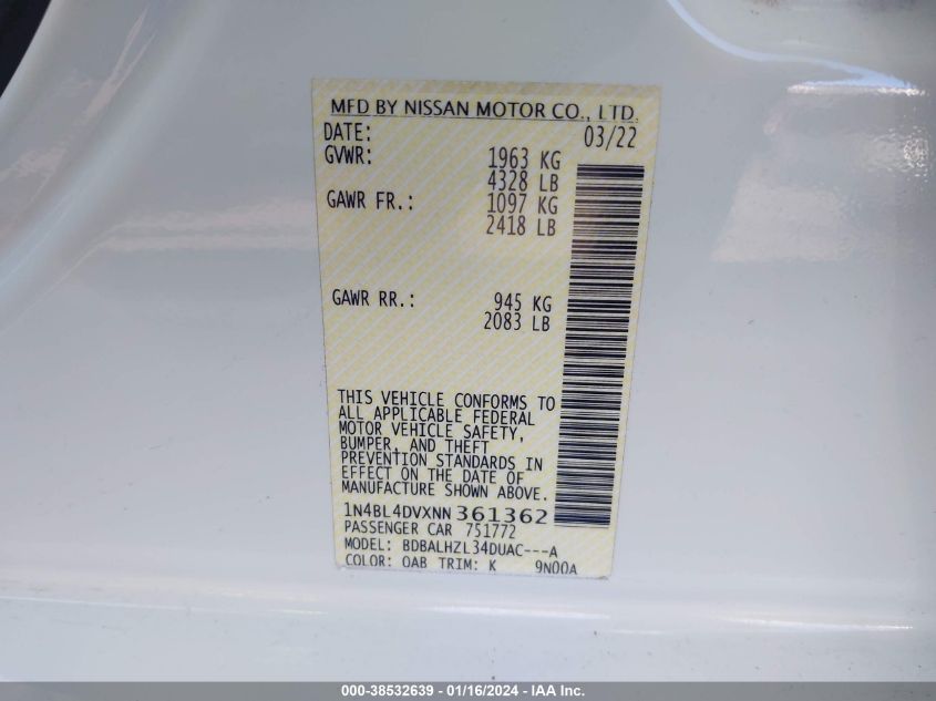 2022 NISSAN ALTIMA SV FWD - 1N4BL4DVXNN361362
