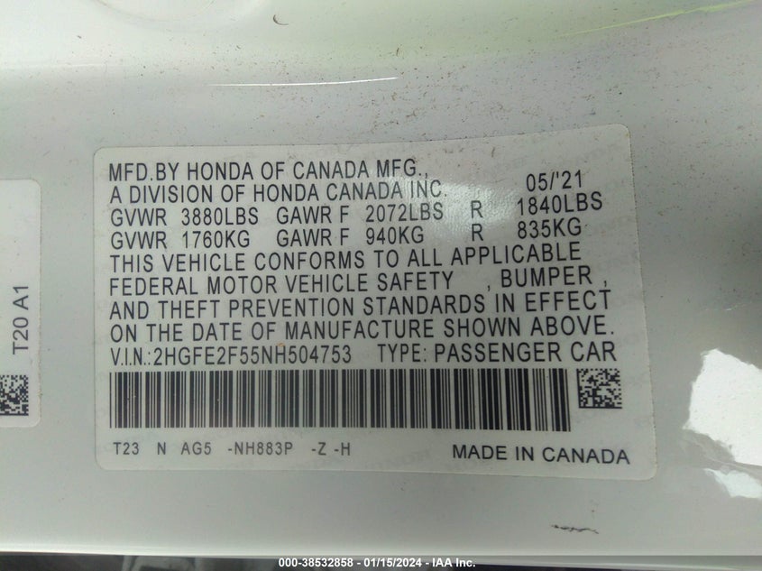 VIN 2HGFE2F55NH504753 2022 HONDA CIVIC SPORT