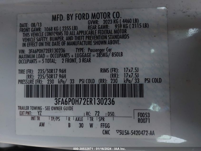 2014 FORD FUSION SE - 3FA6P0H72ER130236