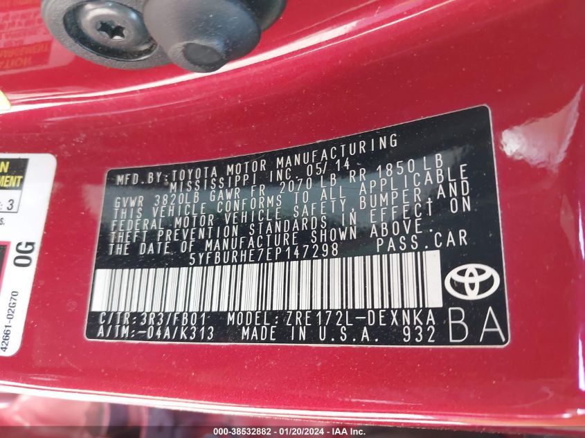 2014 TOYOTA COROLLA L/LE/LE PLS/PRM/S/S PLS - 5YFBURHE7EP147298