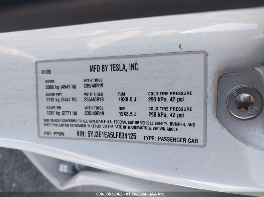 2020 TESLA MODEL 3 - 5YJ3E1EA5LF634125