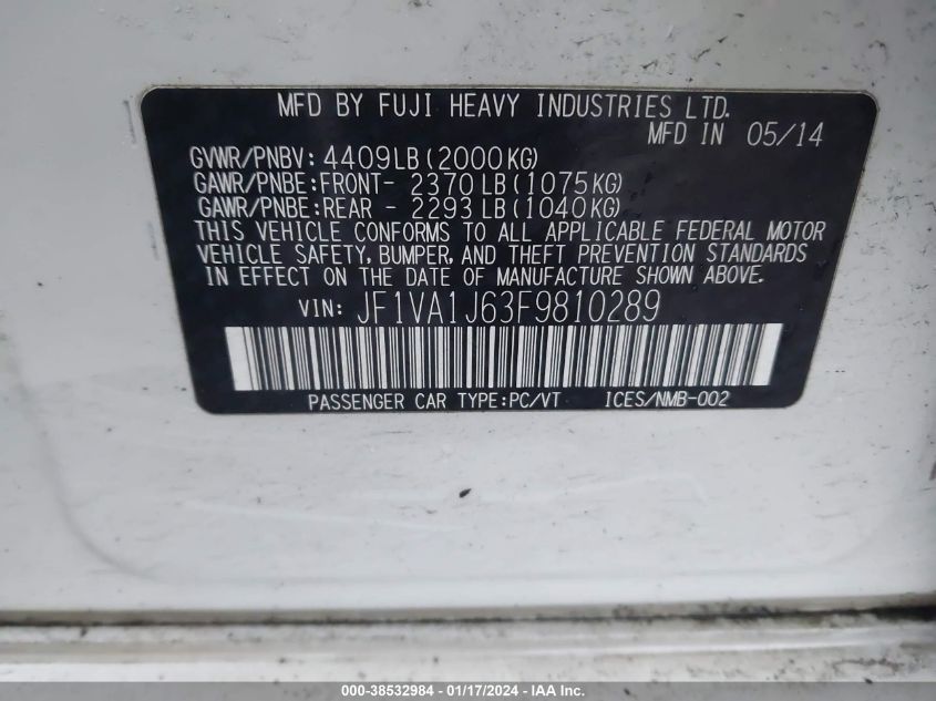 2015 SUBARU WRX LIMITED - JF1VA1J63F9810289