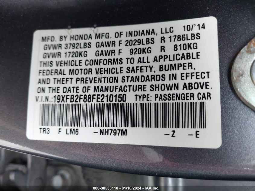2015 HONDA CIVIC EX - 19XFB2F88FE210150