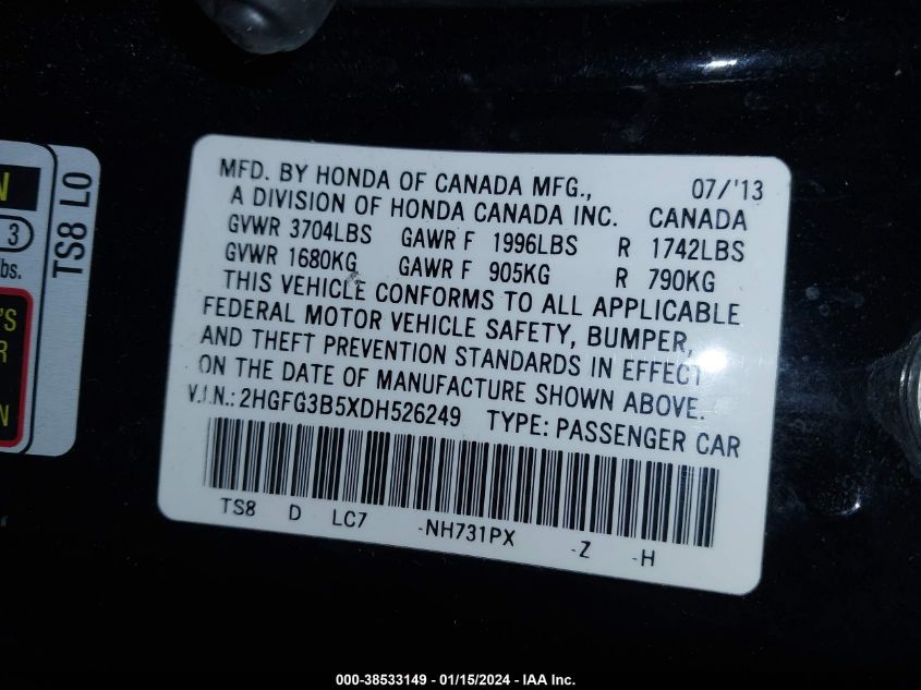 2013 HONDA CIVIC LX - 2HGFG3B5XDH526249