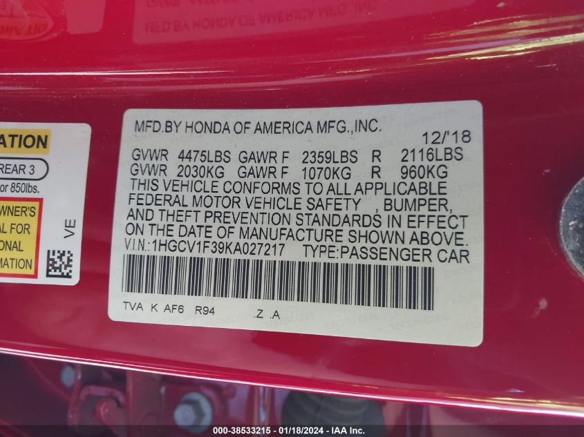 2019 HONDA ACCORD SPORT - 1HGCV1F39KA027217