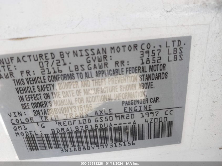 2021 NISSAN SENTRA S - 3N1AB8BV9MY315156