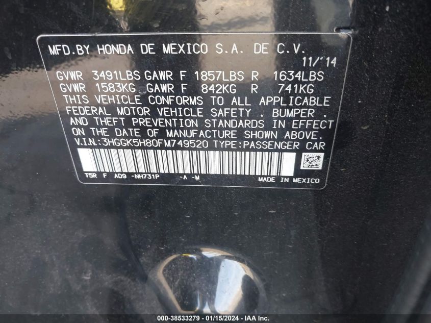 2015 HONDA FIT EX/EX-L - 3HGGK5H80FM749520