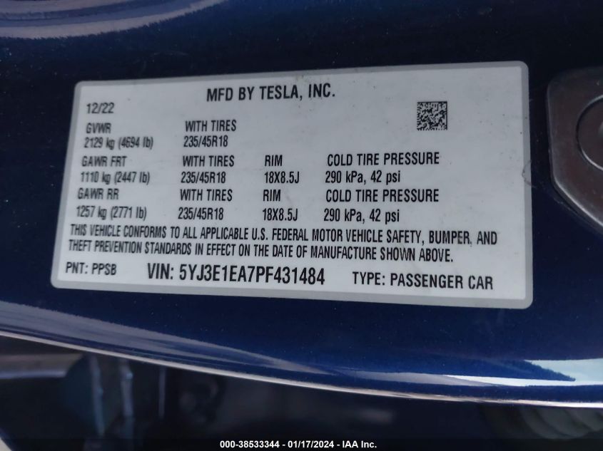 2023 TESLA MODEL 3 REAR-WHEEL DRIVE - 5YJ3E1EA7PF431484