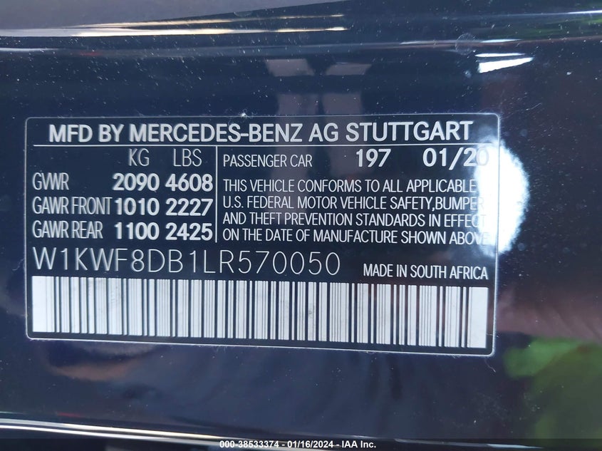 VIN W1KWF8DB1LR570050 2020 MERCEDES-BENZ C 300