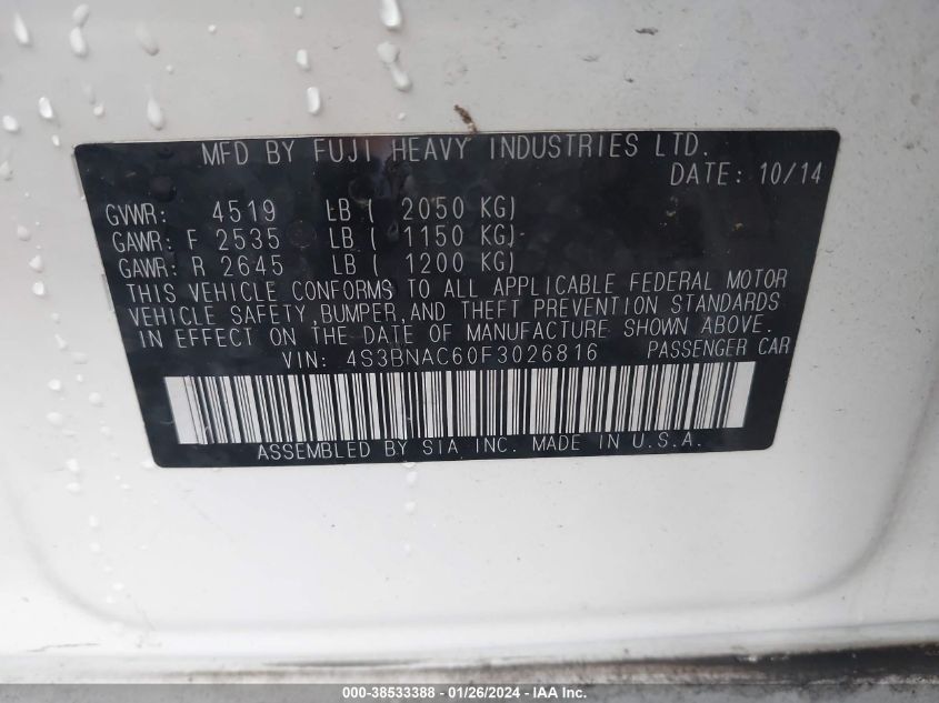 2015 SUBARU LEGACY 2.5I PREMIUM - 4S3BNAC60F3026816