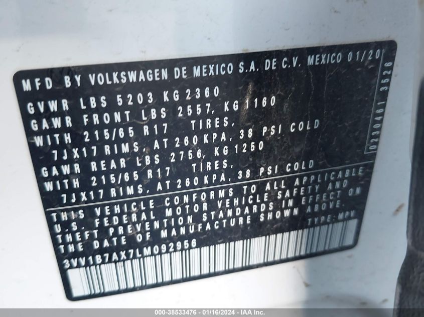 2020 VOLKSWAGEN TIGUAN S - 3VV1B7AX7LM092956