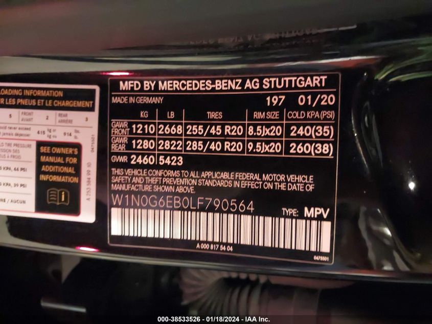 2020 MERCEDES-BENZ AMG GLC 43 4MATIC W1N0G6EB0LF790564