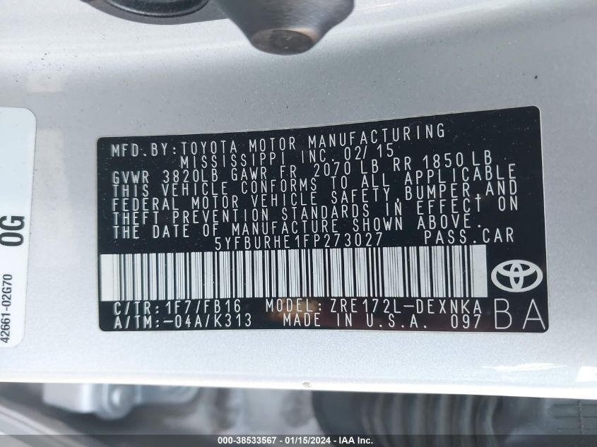 2015 TOYOTA COROLLA LE PLUS - 5YFBURHE1FP273027