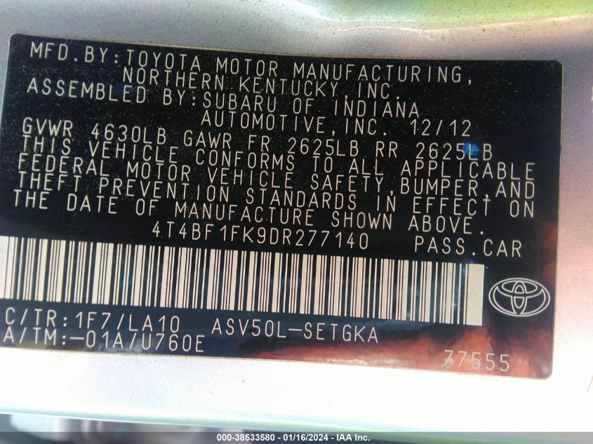 2013 TOYOTA CAMRY XLE - 4T4BF1FK9DR277140