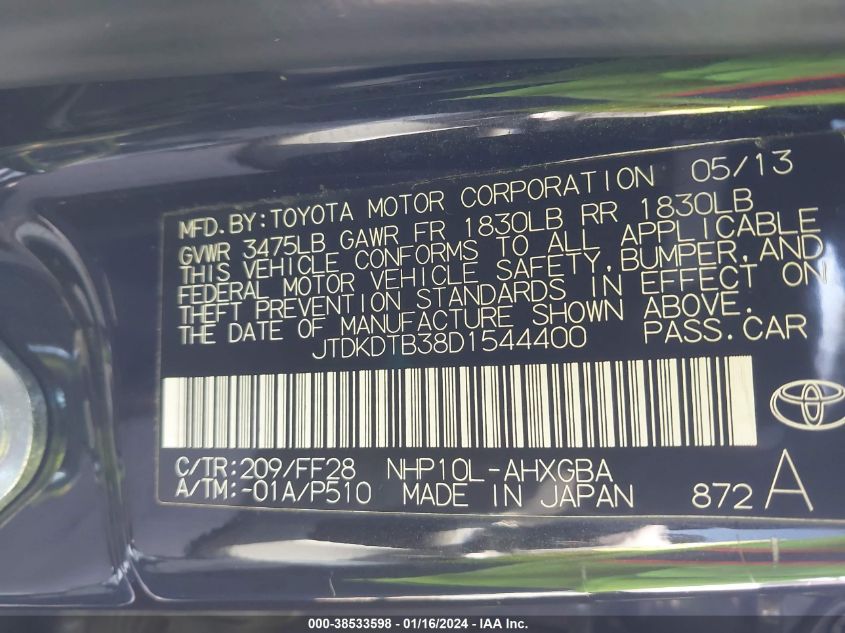 2013 TOYOTA PRIUS C - JTDKDTB38D1544400