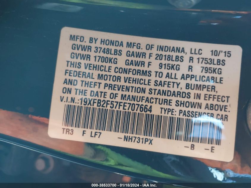 2015 HONDA CIVIC LX - 19XFB2F57FE707664