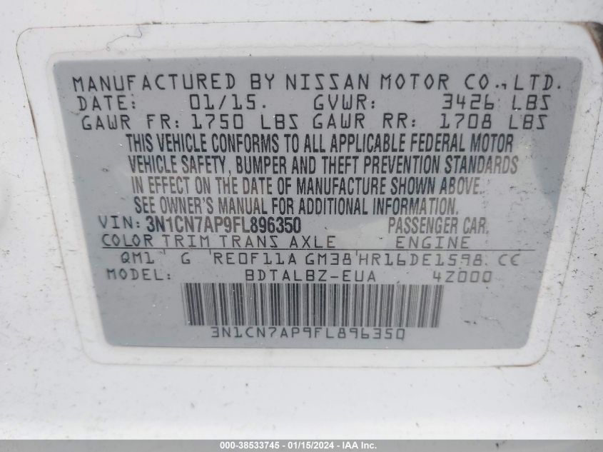 2015 NISSAN VERSA 1.6 SV - 3N1CN7AP9FL896350