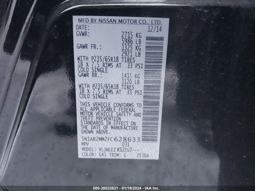 2015 NISSAN PATHFINDER S/SV/SL/PLATINUM - 5N1AR2MM2FC628633