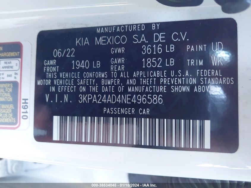 2022 KIA RIO S - 3KPA24AD4NE496586