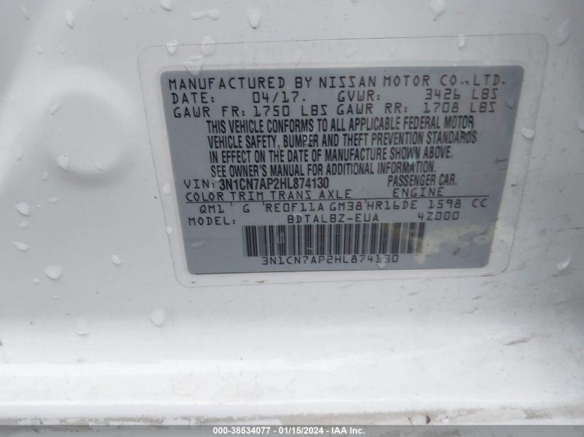2017 NISSAN VERSA 1.6 SV - 3N1CN7AP2HL874130