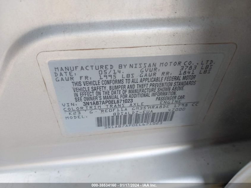 3N1AB7AP0EL671023 | 2014 NISSAN SENTRA