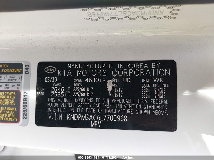 VIN KNDPM3AC6L7700968 2020 KIA SPORTAGE LX