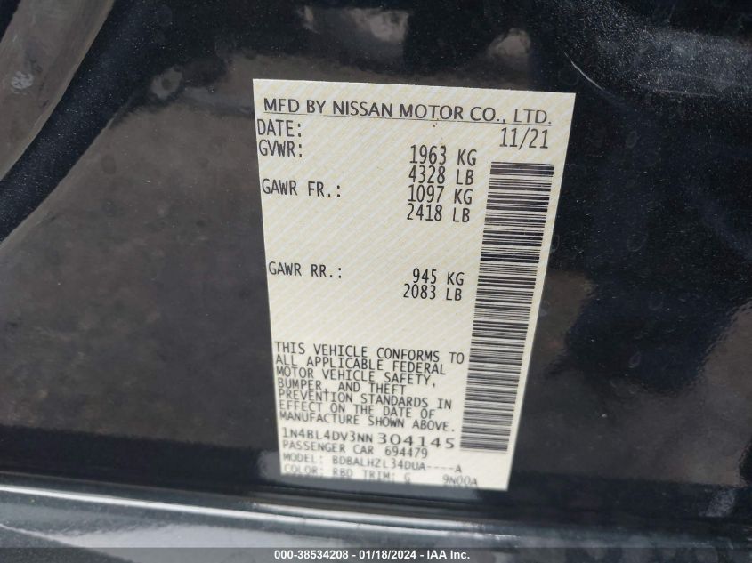 2022 NISSAN ALTIMA SV - 1N4BL4DV3NN304145