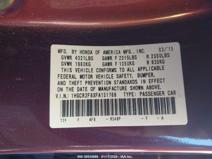 2015 HONDA ACCORD EX-L - 1HGCR2F8XFA151766