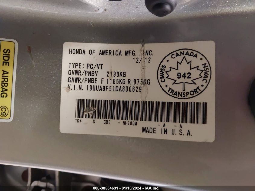 2013 ACURA TL 3.5 - 19UUA8F51DA800629