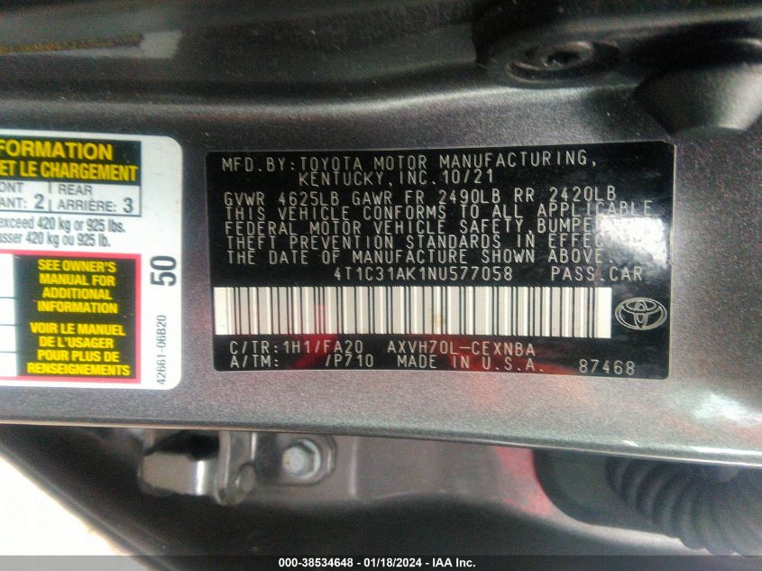 2022 TOYOTA CAMRY LUXE/PURE - 5N1DL0MM3KC557522