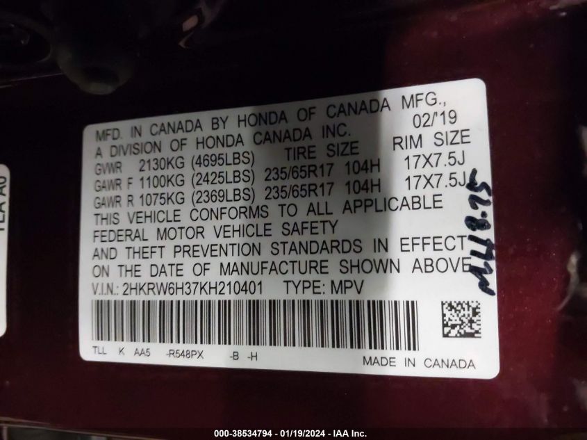 2019 HONDA CR-V LX - 2HKRW6H37KH210401