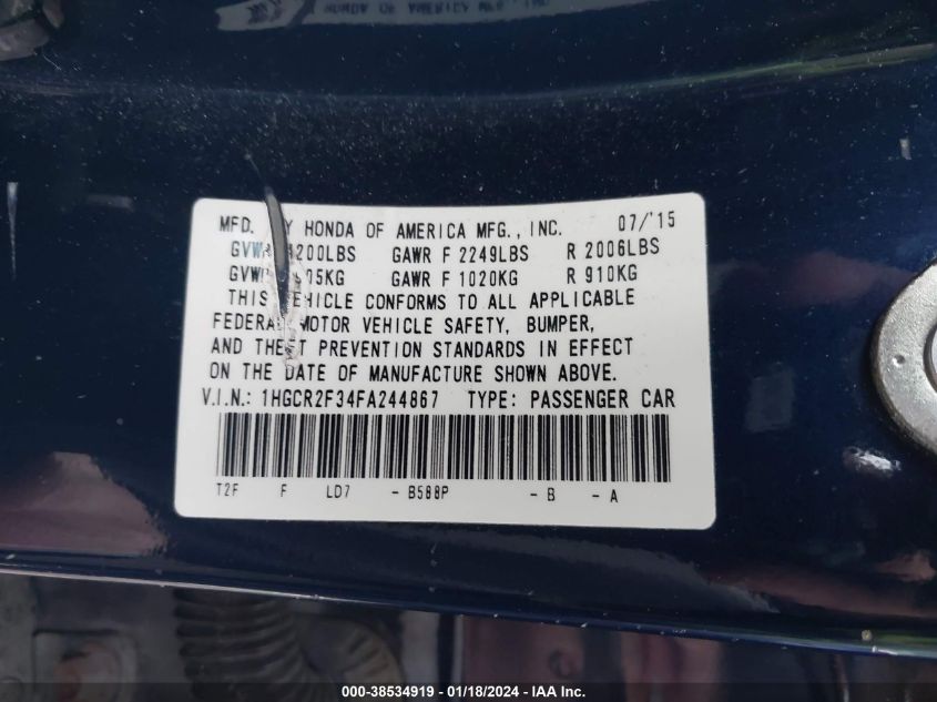 2015 HONDA ACCORD LX - 1HGCR2F34FA244867